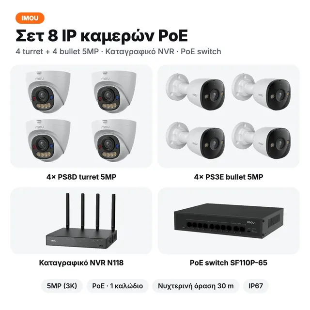 Imou Σετ 8 IP Καμερών PoE — 4 turret + 4 bullet 5MP, NVR και PoE switch