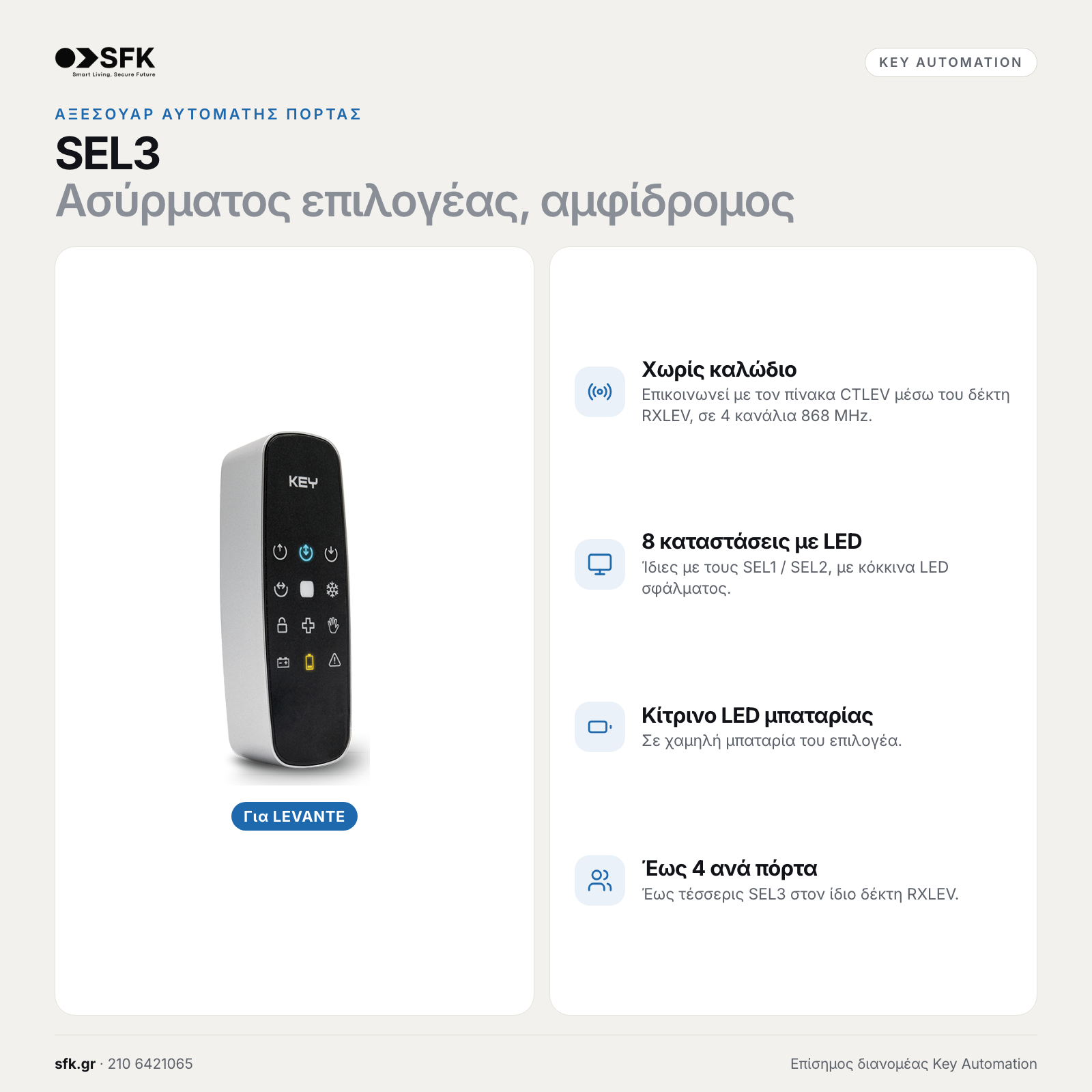 Key SEL3 · Ασύρματος επιλογέας, αμφίδρομος (αξεσουάρ αυτόματης πόρτας)