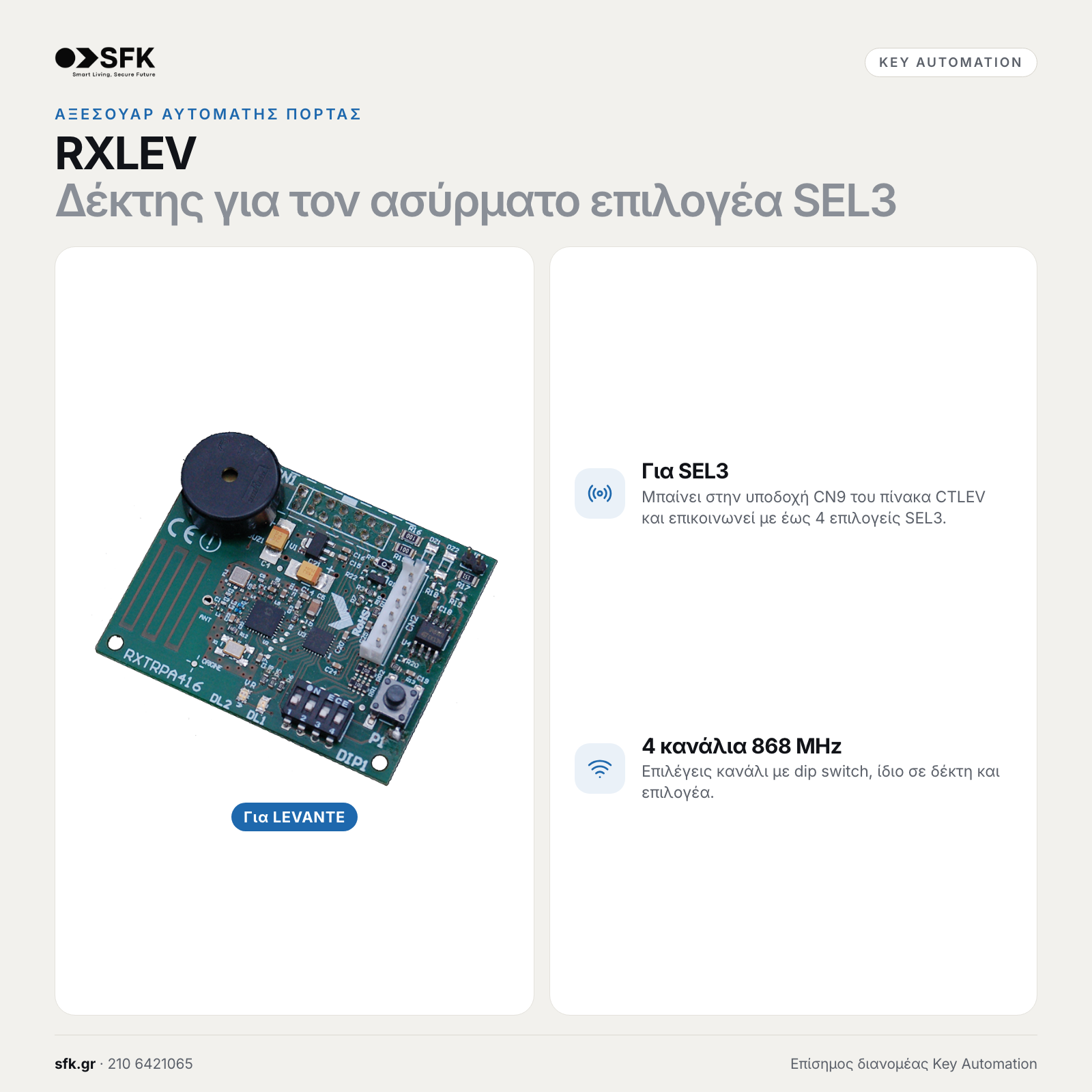 Key RXLEV · Δέκτης για τον ασύρματο επιλογέα SEL3 (αξεσουάρ αυτόματης πόρτας)
