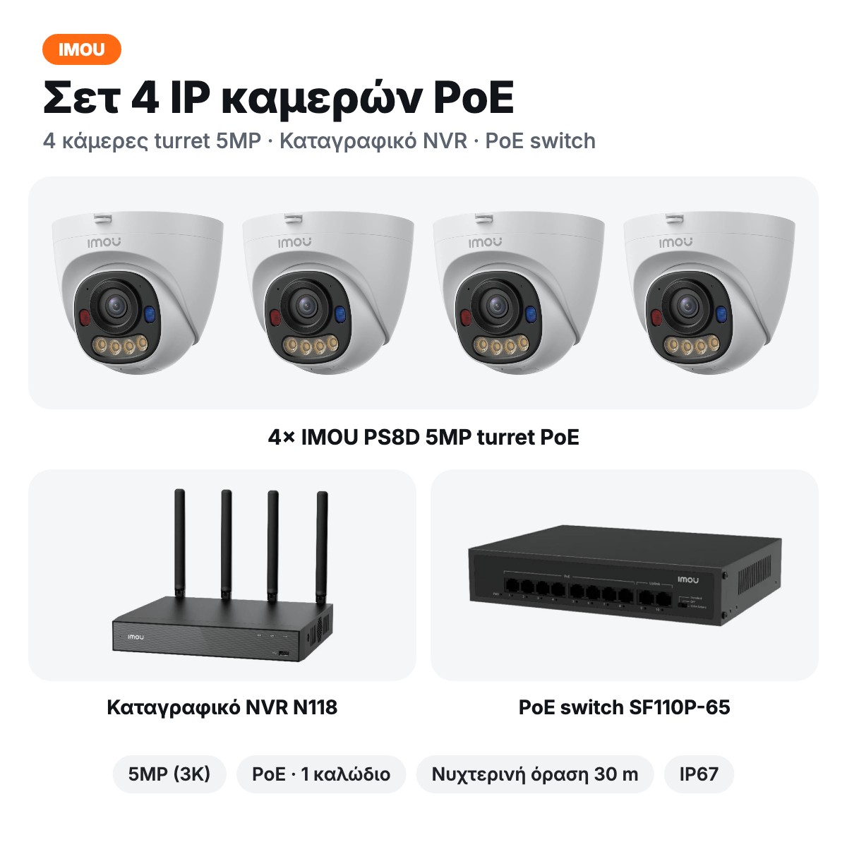 IMOU Σετ 4 IP Καμερών PoE — 5MP, καταγραφικό NVR και PoE switch