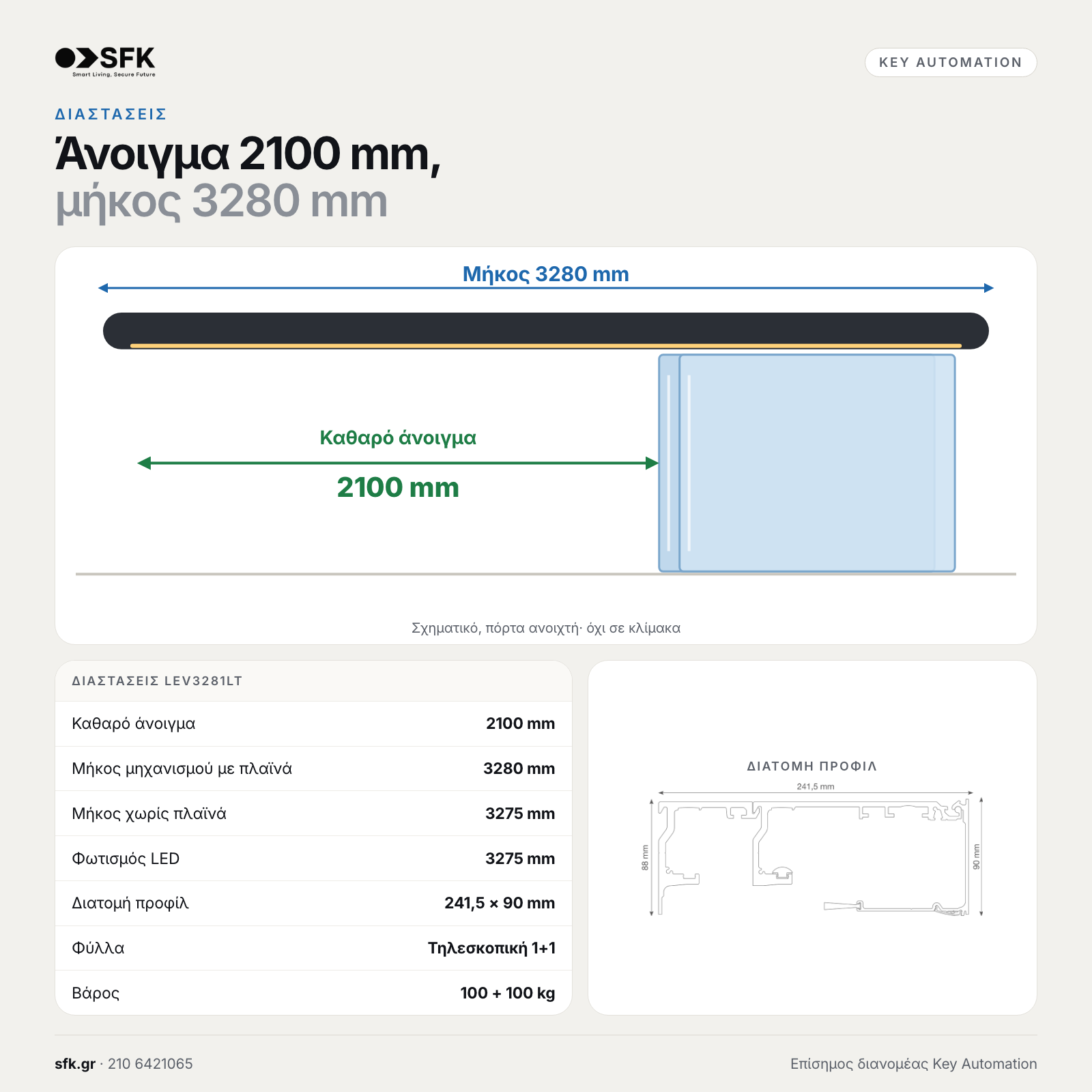Key Άνοιγμα 2100 mm, · μήκος 3280 mm (διαστάσεις)