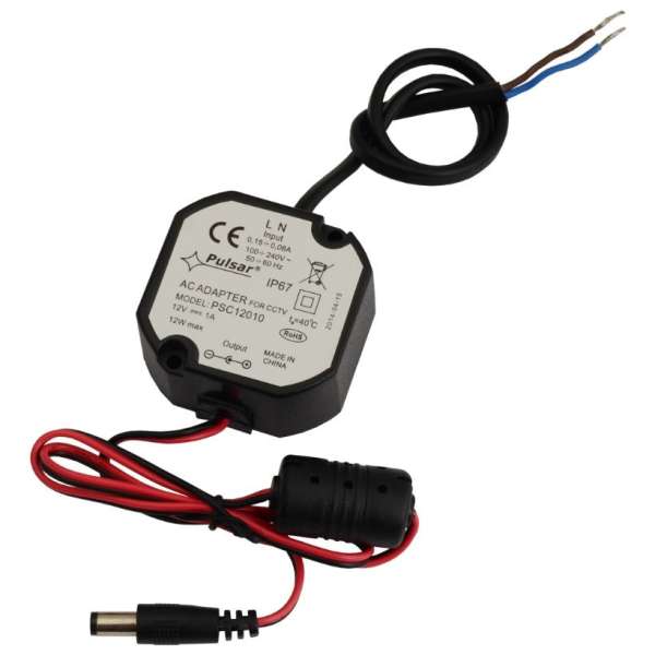 PULSAR - PSC12010 12V/1A Στεγανό τροφοδοτικό 12V/1A μικρών διαστάσεων, κατάλληλο για τοποθέτηση σε βάση κάμερας ή ηλεκτρολογικό κουτί.