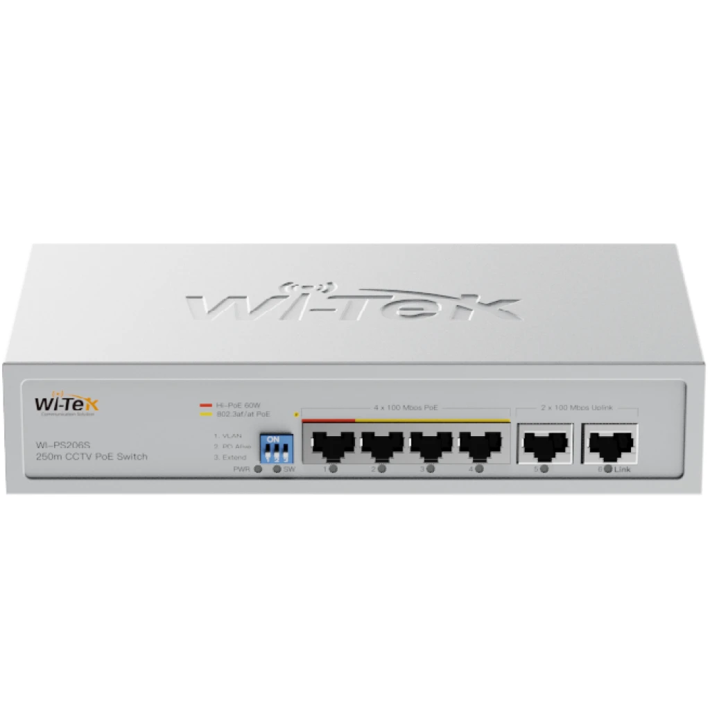 WI-TEK - WI-PS206S (V2) PoE Switch με 4 θύρες 100Mbps, με υποστήριξη 250m CCTV PoE. Τροφοδοσία 60W.