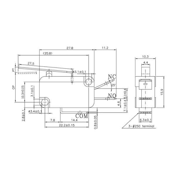 MICRO SWITCH ΛΑΜΑΚΙ ΚΑΝ:ΚΟ (15A:250VAC) VMN 15S ZPY 2
